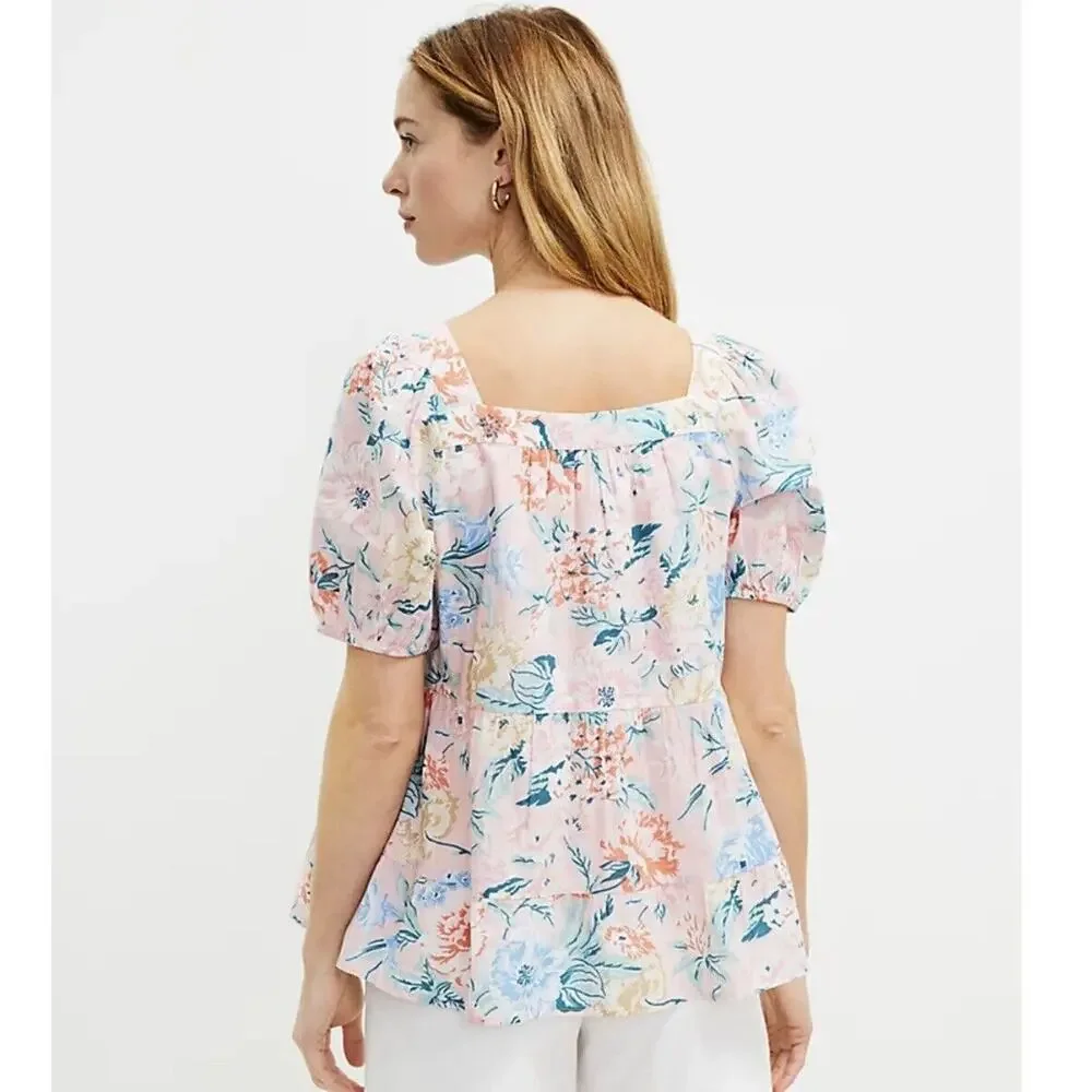 LOFT Garden Lacy Tiered Pink Square Neck Short Sleeve Top Size Medium